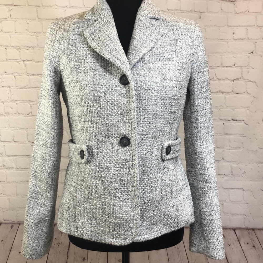 Pre-loved Talbots Womens Blazer Silver White Wool Blend Tweed Button Up Jacket